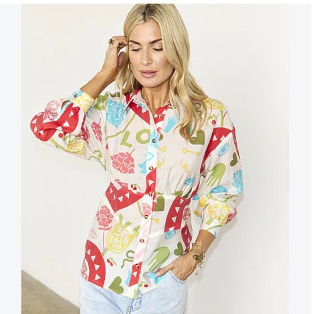 Never Fully Dressed Zoe Shirt Cream Multi Graphic Print Button Down Blouse US 10